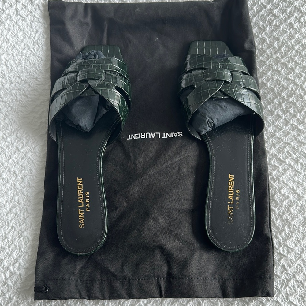 Saint Laurent Black Croc-Embossed Sandals